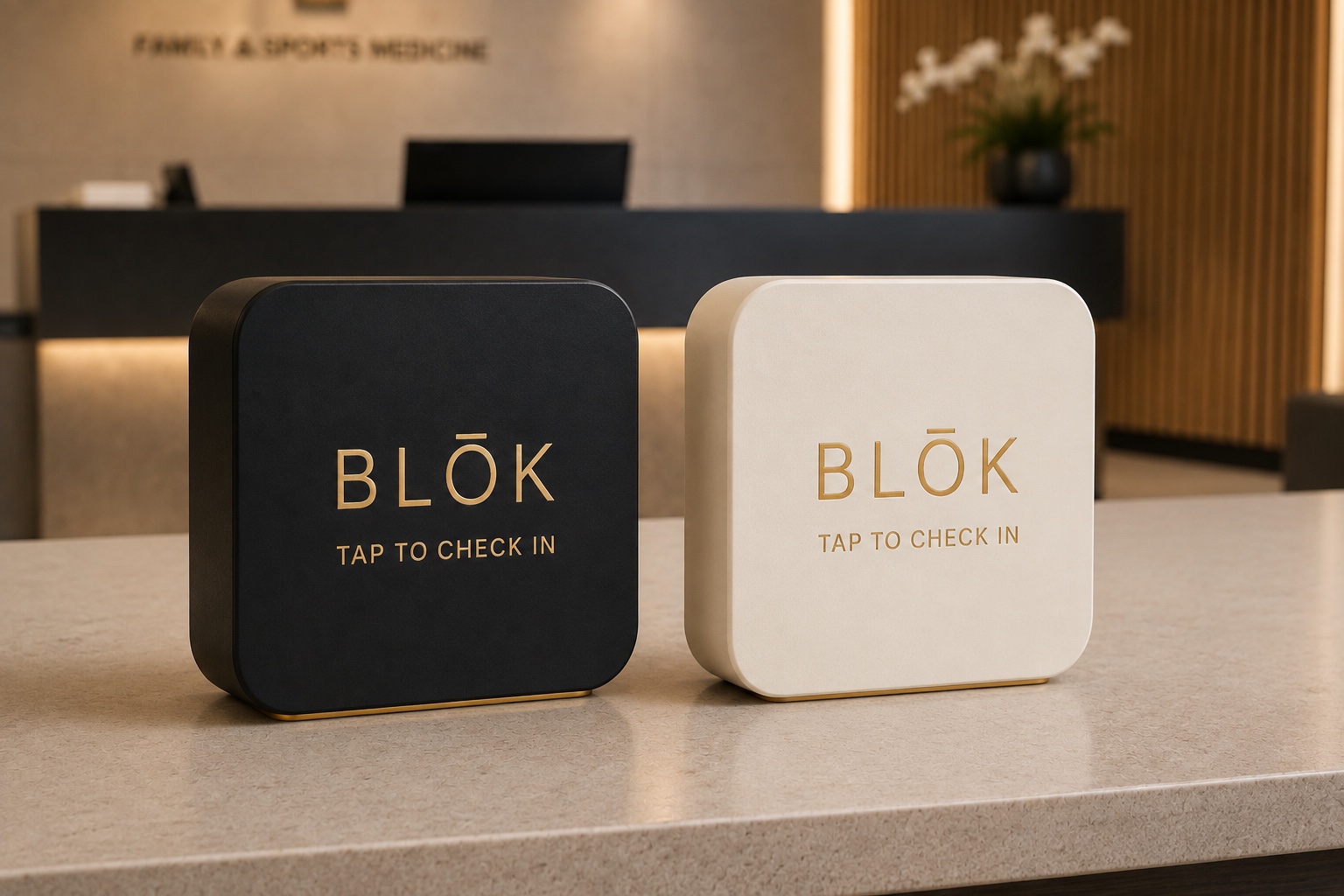 Black and ivory Blōk tap-to-arrive products at a medical office reception desk